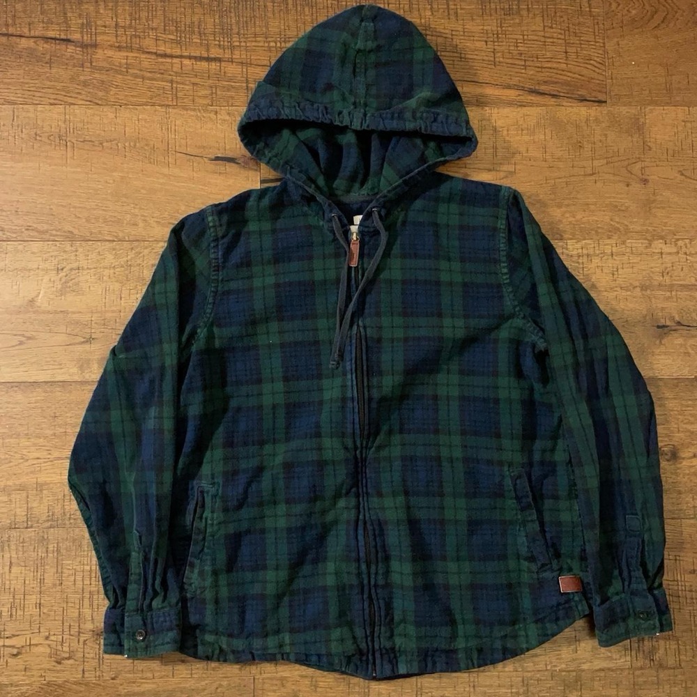 L.L.Bean Flannel Jacket Women Large Green Blackwatch Tartan Plaid Hooded Zip